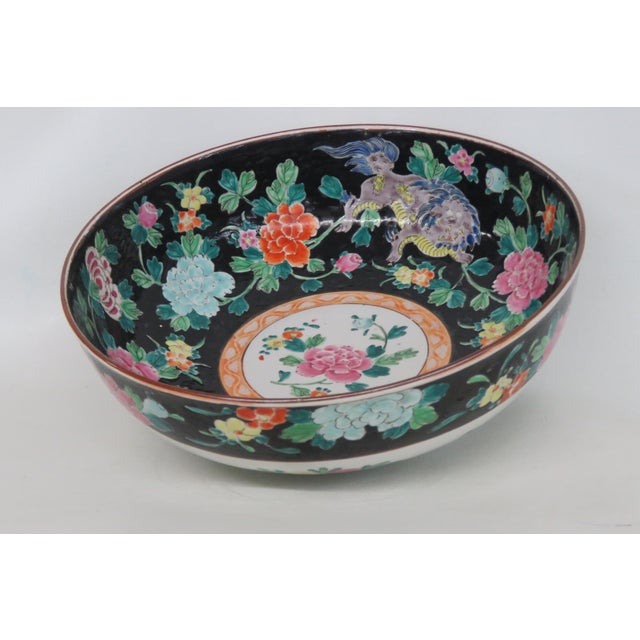 Asian Asian Famille Noire Enamel Glazed Porcelain Centerpiece Bowl Floral Motif 4995b For Sale - Image 3 of 18
