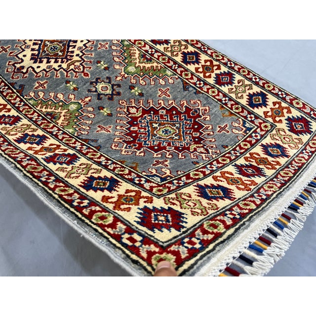 Gray, Cream and Red Kazak Wool Runner Rug, 2'9" X 6'4" For Sale - Image 10 of 15