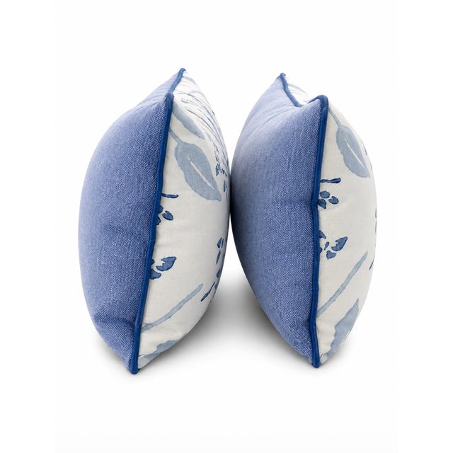 A Pair of Blue & White Bird Print Lumbar Pillows With Contrast Piping For Sale - Image 4 of 5