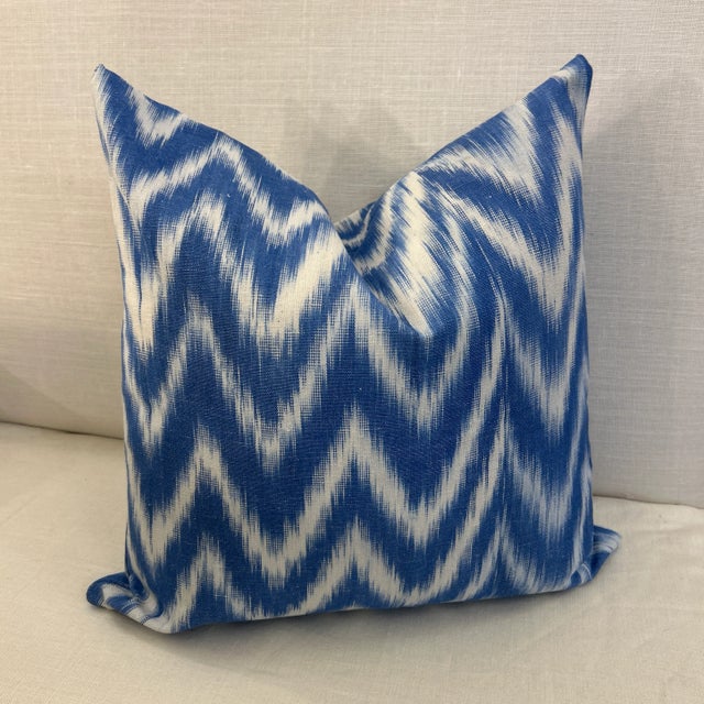 Beautiful hand made and hand dyed pillow from Majorca, Spain with ikat design. Thick woven blue fabric conjures up being...
