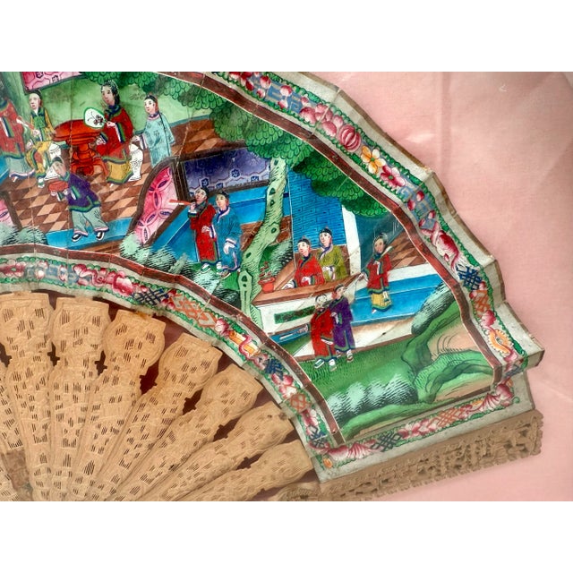 Wood 19th Century Chinese Export Fan With Finely Pierced Boxwood Sticks and Hand-Painted Scene, Framed For Sale - Image 7 of 9