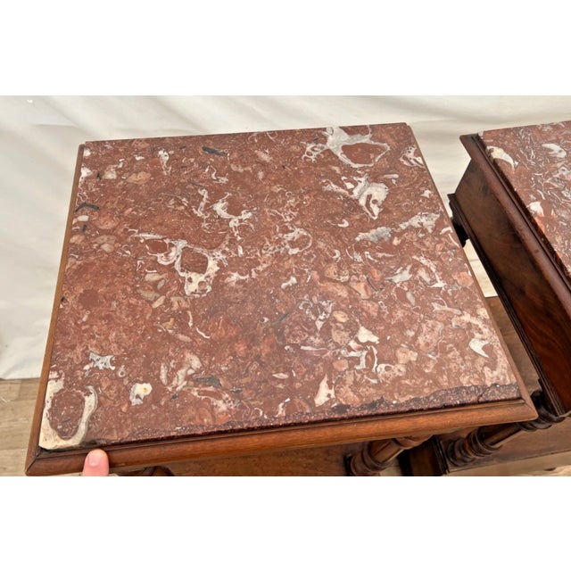 Brown Antique French Renaissance Revival Nightstands Marble Top Commode Bed Cabinets For Sale - Image 8 of 12