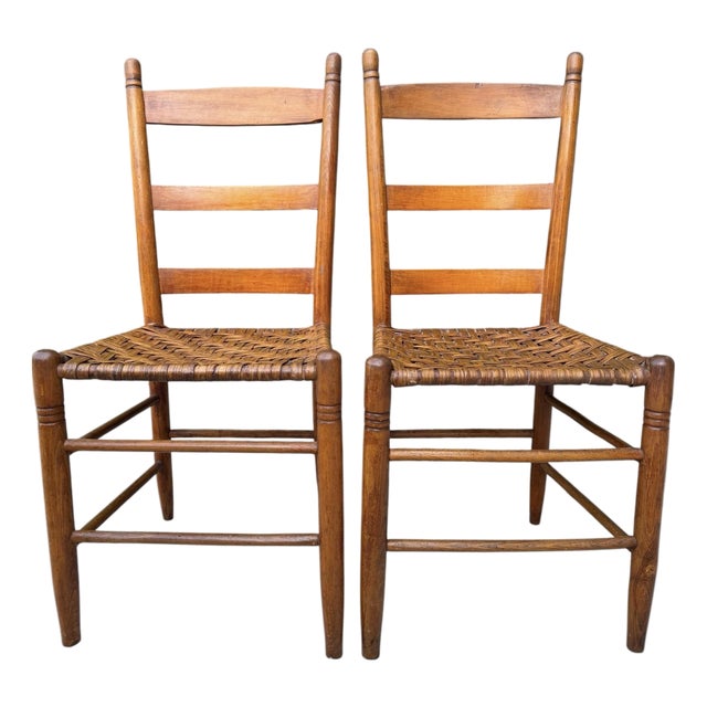 Vintage Ladder Back Side Chairs With Basketweave Rattan Seats, a Pair For Sale