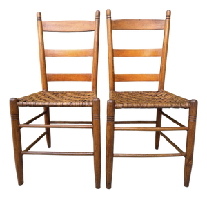 Vintage Ladder Back Side Chairs With Basketweave Rattan Seats, a Pair