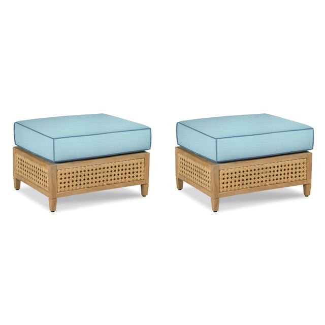 Traditional Keys Ottoman, Canvas Mineral Blue with Sapphire Blue Welt, Pair For Sale - Image 3 of 3