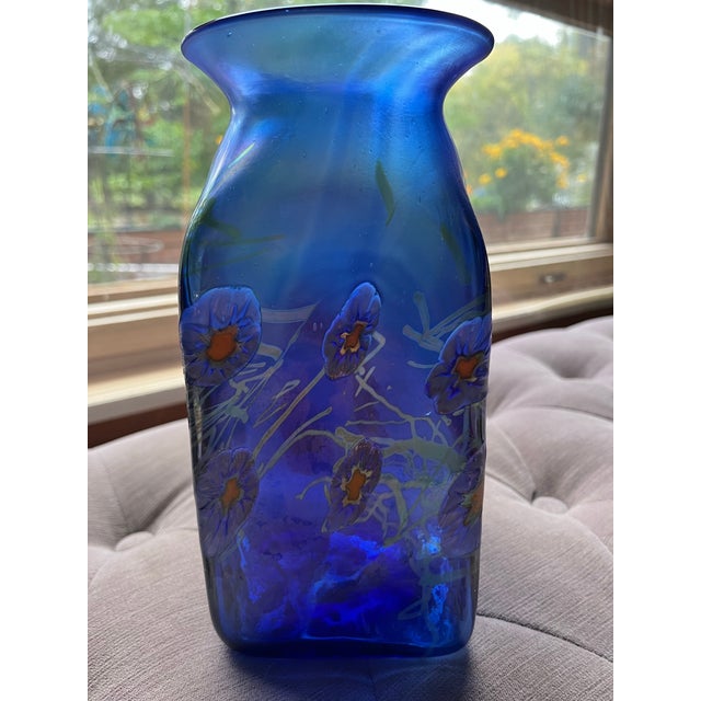 Art Nouveau Vintage Herb A. Thomas "Hat" Hand-Blown Cobalt Iridescent Studio Art Glass Vase For Sale - Image 3 of 5