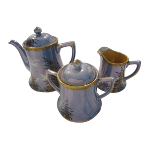 1950s Rs Rising Sun Blue Luster Gold Porcelain Tea Service Made in Japan, Set of 5
