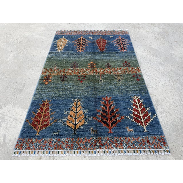 Gabbeh Tribal Area Rug, Hand-Knotted Wool, Trees, 3x5, Blue & Green For Sale - Image 9 of 10