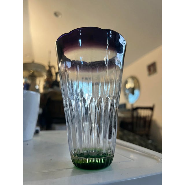 Anthropologie Saintpaulia Hand Blown Scalloped Highball Tumbler. Heavy Clear, Purple Band, Green Foot, Scalloped