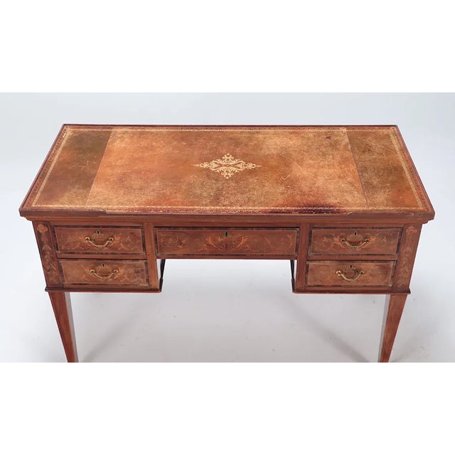Traditional Edwardian Mahogany Desk With Floral Inlay, Leather Top, and Brass Accents Circa 1910 For Sale - Image 3 of 7