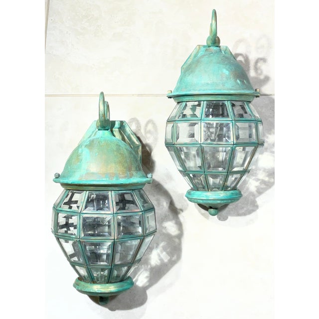 Funky Vintage Pair of Solid Brass Verdigris Wall Lanterns - 14”h X 7” W X 8”.5 D For Sale - Image 17 of 17