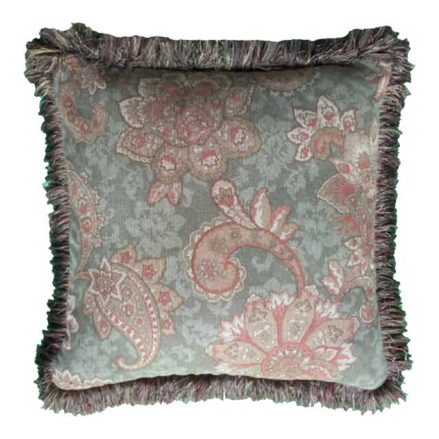 Moss Green Paisley Chenille Square Decorative Pillow With Down Feather Insert For Sale