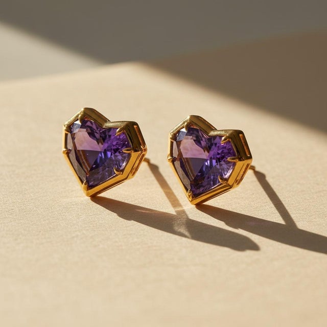 Metal Geometric Heart Amethyst Stud Earrings, Silver, Gold, Pair For Sale - Image 7 of 9