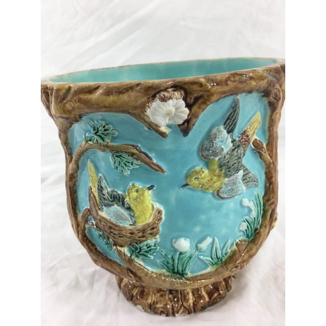 Ceramic French Majolica Cachepot With Birds and Nests For Sale - Image 7 of 9