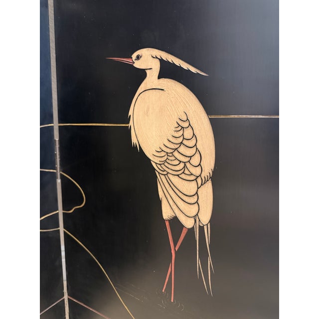 Black Vintage Chinese Carved Lacquer Folding Screen, 73" H, Lotus & Mandarin Ducks For Sale - Image 8 of 9