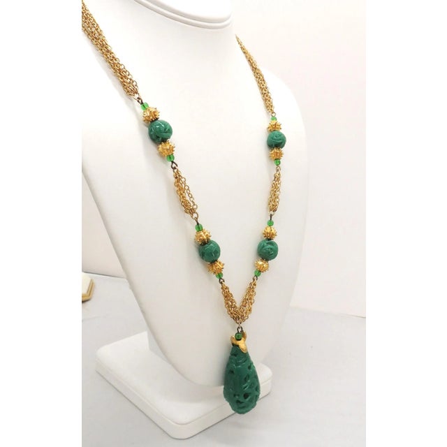 Mid-Century Modern 1960s Vintage Crown Trifari Faux-Jade Pendant Necklace For Sale - Image 3 of 7