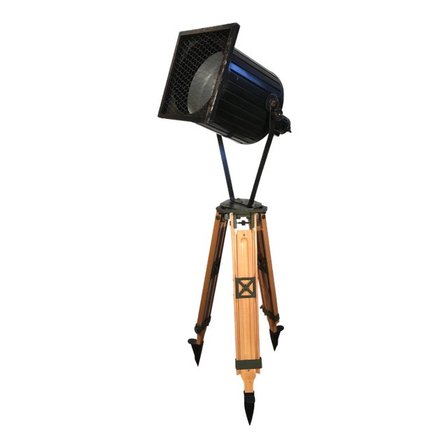 Vintage Black Industrial Spotlight on Wooden Tripod For Sale