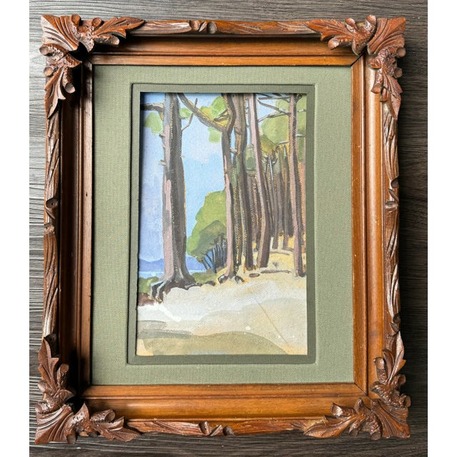 1950s French “Tall Trees Along the Sea” Gouache, Framed For Sale - Image 4 of 6
