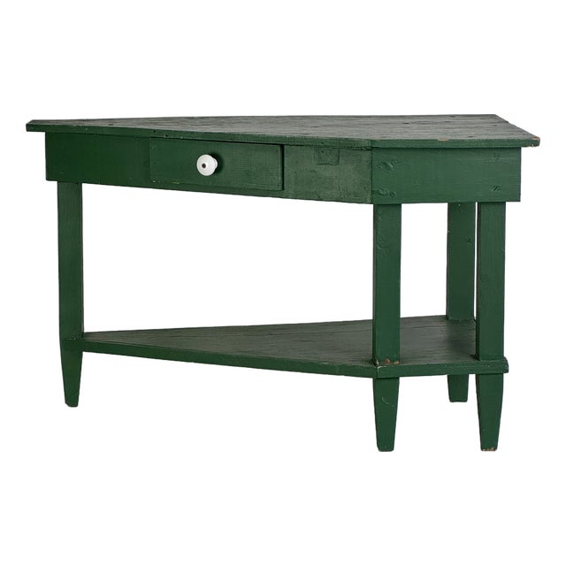 Mid 20th Century Primitive Hand Made Green Wooden Corner Table With One Drawer for Indoor or Enclosed Garden For Sale