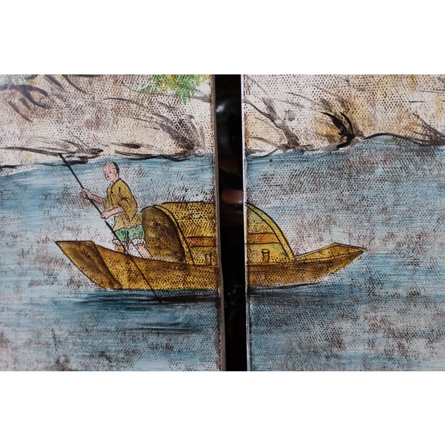 Blue Pair of Vintage Hand-Painted Chinese River Village Solid Wood Panels For Sale - Image 8 of 18