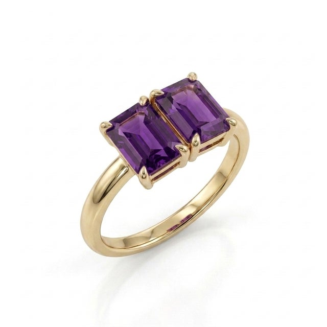 Not Yet Made - Made To Order Natural Amethyst Toi Et Moi Statement Ring • Emerald Cut Purple Gemstone Two-Stone Ring Us 7 For Sale - Image 5 of 5