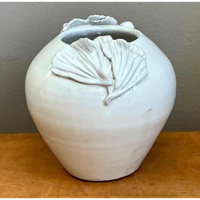 Early 21st Century Vintage Kass O'Brien White Ceramic Vase With Ginko Leaf Motif For Sale - Image 5 of 13