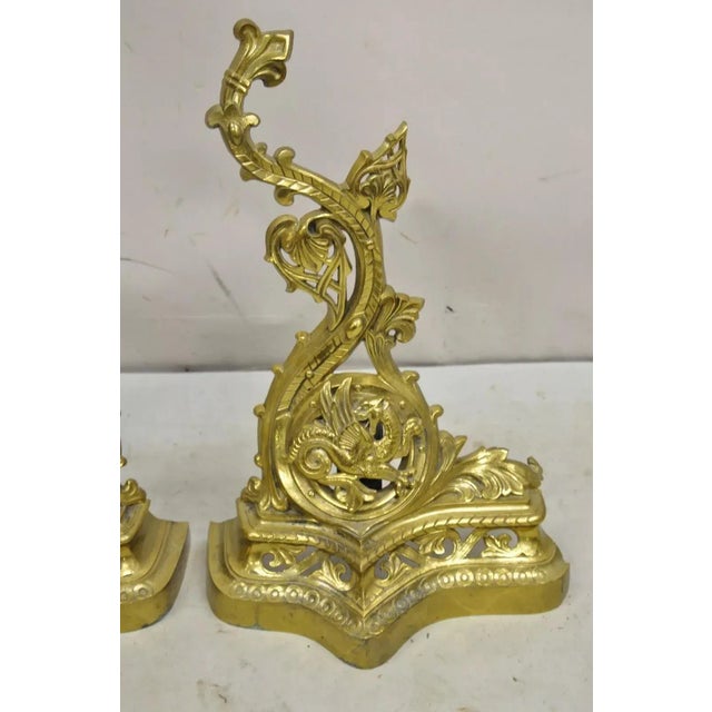 Gold Vintage French Baroque Style Brass Figural Andirons With Dragon Griffins - Pair For Sale - Image 8 of 12