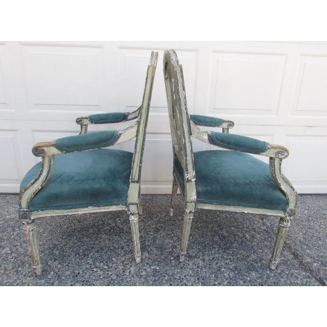 Wood Pair of Antique French Crusty Painted Bergere Armchairs For Sale - Image 7 of 18