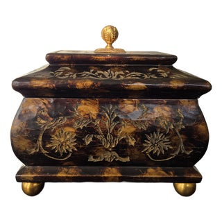 1980s Maitland Smith Ornate Hinged Mahogany Chest With Brass Ball Feet Leaf Finnial For Sale