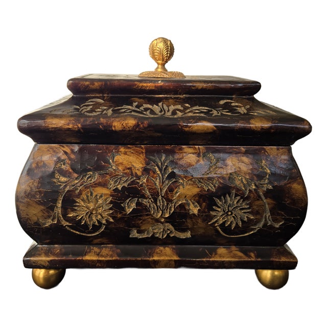 1980s Maitland Smith Ornate Hinged Mahogany Chest With Brass Ball Feet Leaf Finnial For Sale