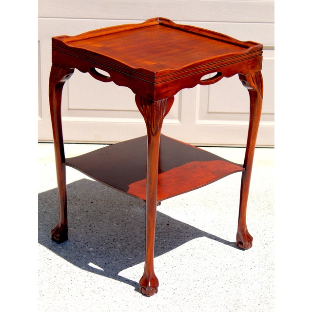 Traditional Vintage Georgian Style Mahogany Tray Top Side Table, Circa 1950s–1970s | Ball & Claw Feet | Carved Cabriole Legs | Butler’s Table | 18” Square For Sale - Image 3 of 17