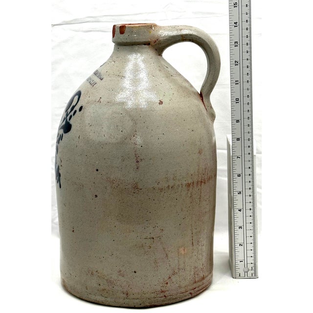 1870s Antique American Nice Blue Color Decorated 2 Gallon Stoneware Jug by Reidinger & Caire Poughkeepsie N Y For Sale - Image 11 of 12