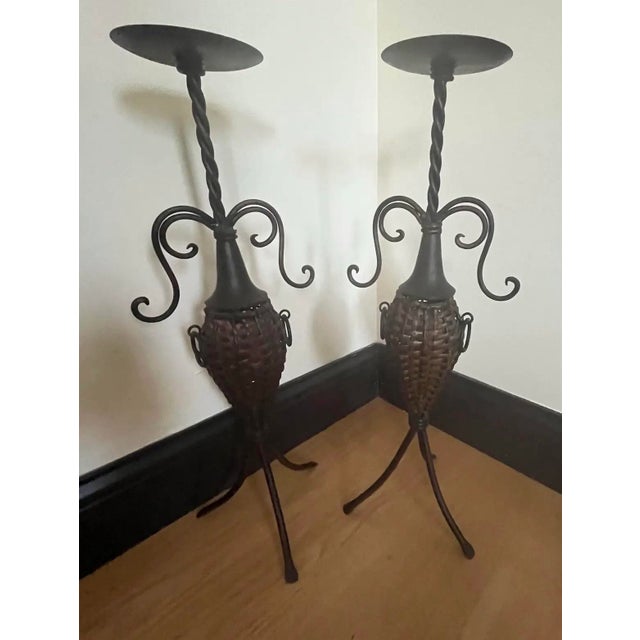 Mediterranean Wrought Iron & Woven Rattan Floor Candleholders, Pair – Spanish Revival / Tuscan Style For Sale In Indianapolis - Image 6 of 8