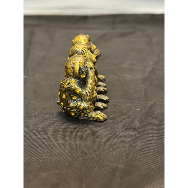 Milton & Lorie Three Wise Monkeys Trinket Box Bejeweled Rhinestone Gold Tone VTG For Sale - Image 4 of 12