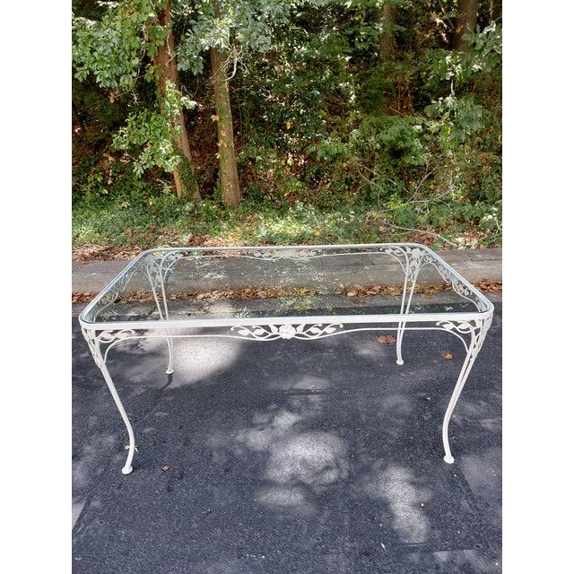 French Provincial Vintage Hollywood Regency Metal and Glass Garden Dining Set, 5 Pieces For Sale - Image 3 of 8