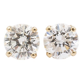 Ladies 14k Yellow Gold 1.80ct Diamond Push Back Stud Earrings, A Pair For Sale