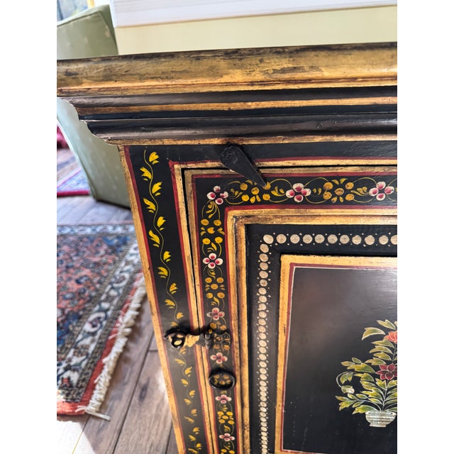Black Vintage Asian-Style Black Lacquer Cabinet / Nightstand, Hand-Painted Floral Motifs For Sale - Image 8 of 9