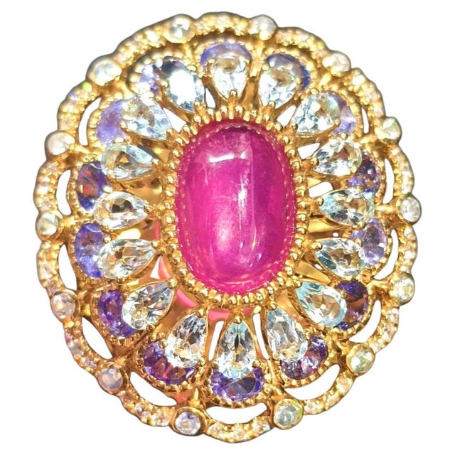 Amethyst Cocktail Ring Tanzanite and Blue Topaz Halo 7.8 Carats For Sale - Image 4 of 18