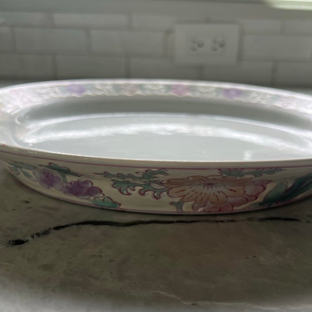Beautiful Pink Purple Floral Chinese Painted Platter For Sale In San Francisco - Image 6 of 10