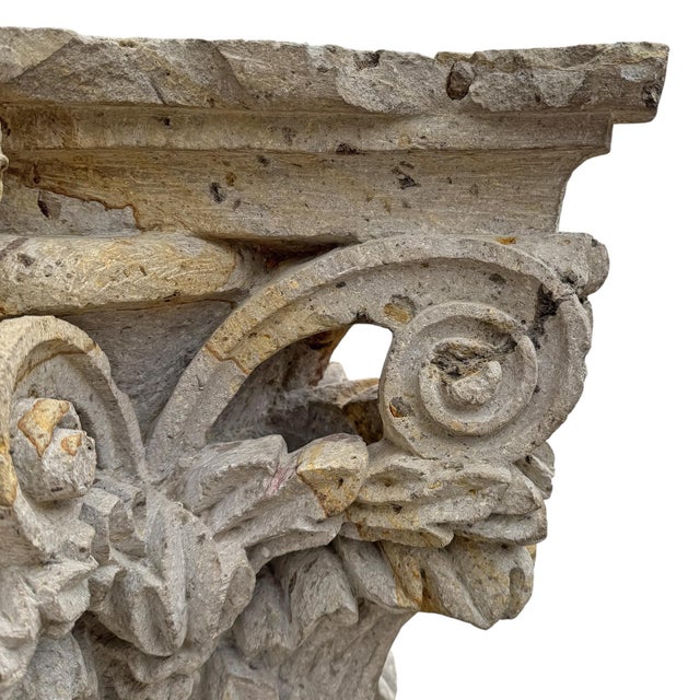 Carved Limestone Corinthian Pilaster Capital Console Table For Sale - Image 9 of 12