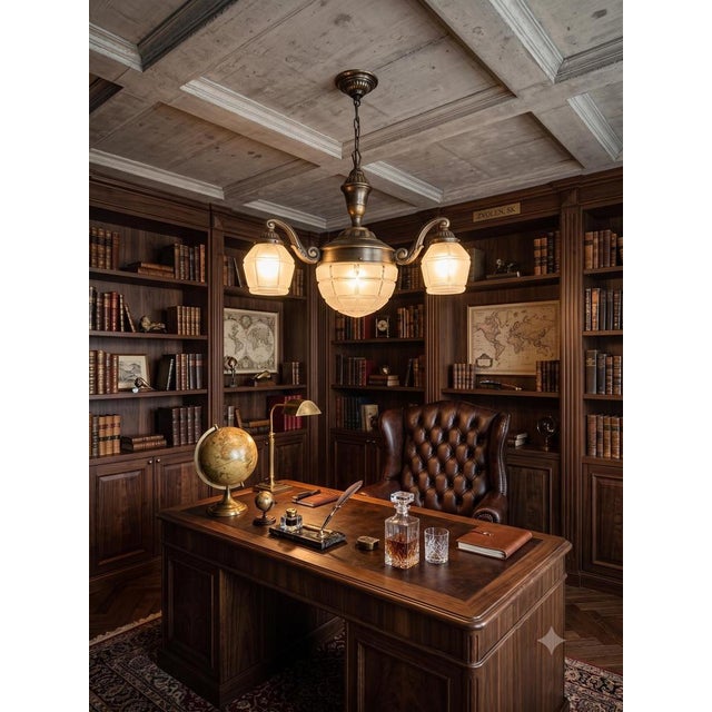 The chandelier features a patinated solid brass frame with elegantly curved S-scroll arms and classicist relief detailing...