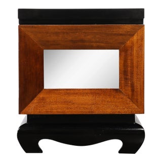 Mid-Century Modernist Shadowbox Mirrored Front Walnut & Black Lacquer End Table For Sale