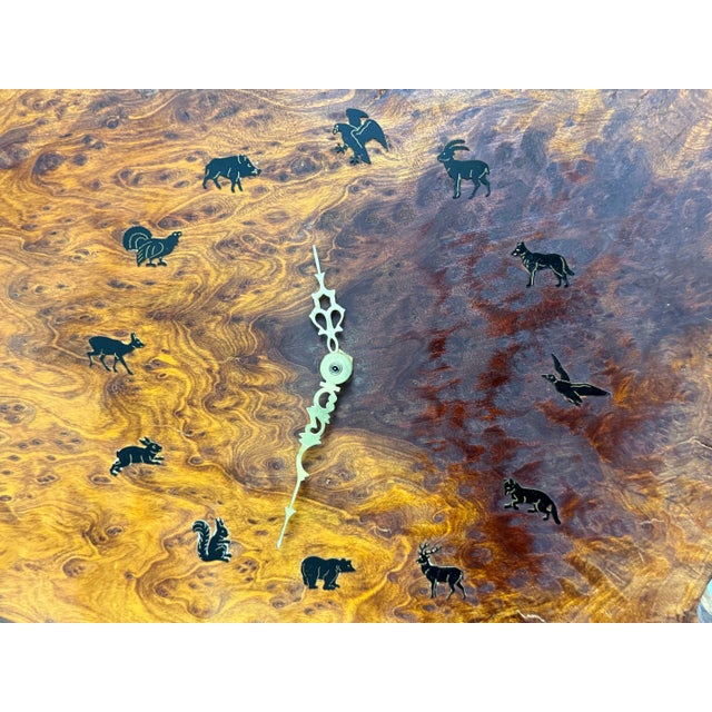 Wood Live Edge Burl Wood Wall Clock With Animal Motif For Sale - Image 7 of 12