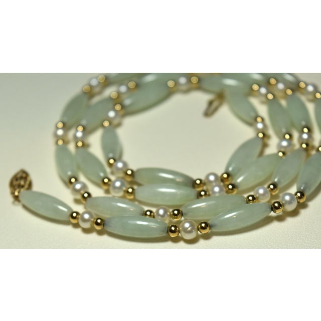 Metal Vintage Barrel Jade & Pearl 14k Beaded 26" Necklace For Sale - Image 7 of 17