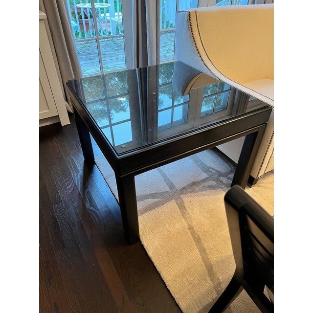 A vintage espresso colored square, heavy and sturdy side table with straight apron and legs by the highly reputable...