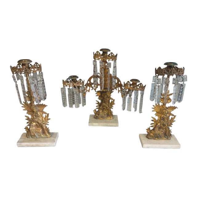 Antique Victorian Three Piece Girandole Candelabra Set With Etched Prisms For Sale