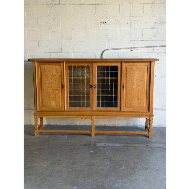 In Style of Henning Kjærnulf Large Oak Sideboard Сredenza With 2 Leaded Glass Mid-Century Modern Denmark 1960s For Sale - Image 4 of 10