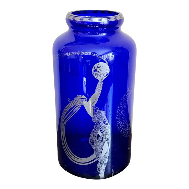 Erté "Fireflies" Franklin Mint Blue Glass Vase For Sale