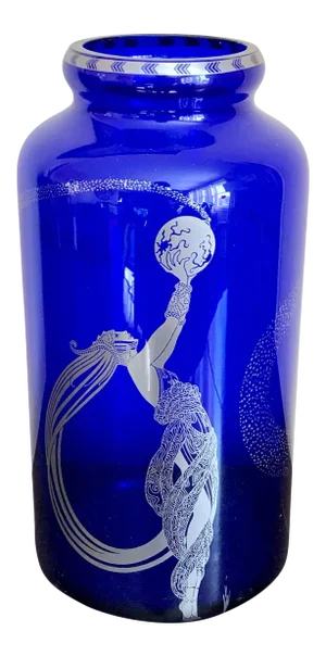 Erté "Fireflies" Franklin Mint Blue Glass Vase