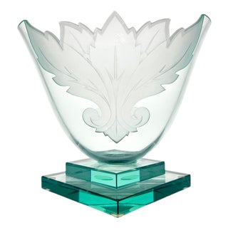 Circa 1990 Robert Guenther Signed Aqua Etched and Frosted Art Glass Leaf Vase For Sale